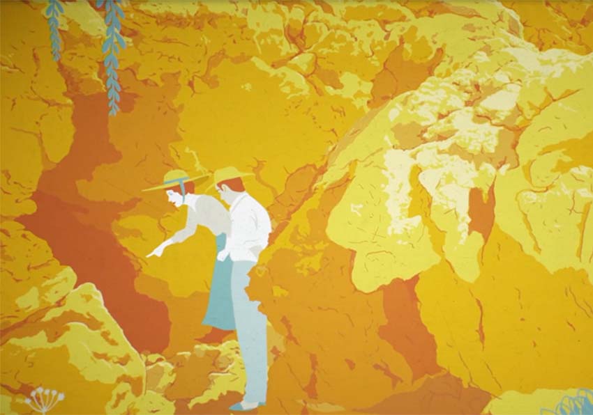 Drawing of a woman and a man looking at a cave